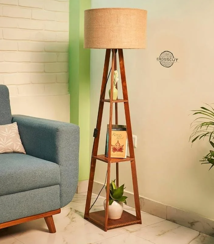 TWILIXO WOODEN FLOOR LAMP WITH SHELF NATURAL JUTE SHADE - Image 4