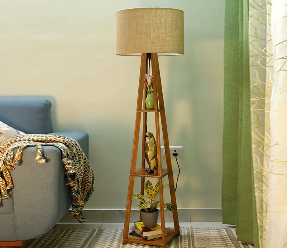 TWILIXO WOODEN FLOOR LAMP WITH SHELF NATURAL JUTE SHADE - Image 5